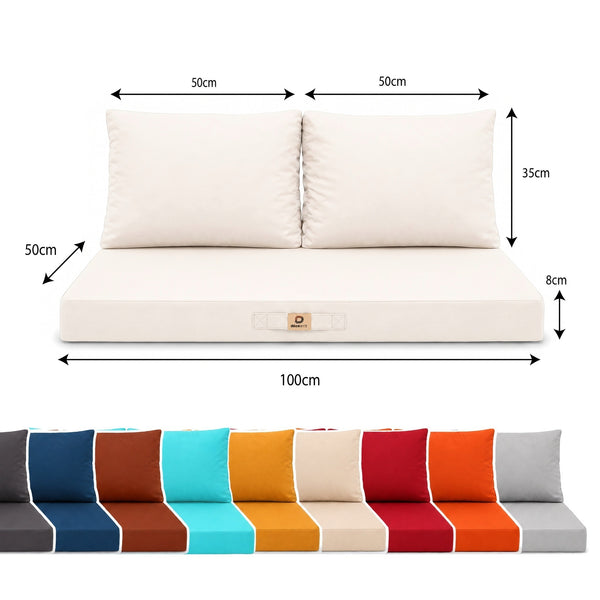 Dimensioni: seduta 100 x 50 cm, spessore 8 cm, 2 schienali 50 x 35 cm, con i colori disponibili
