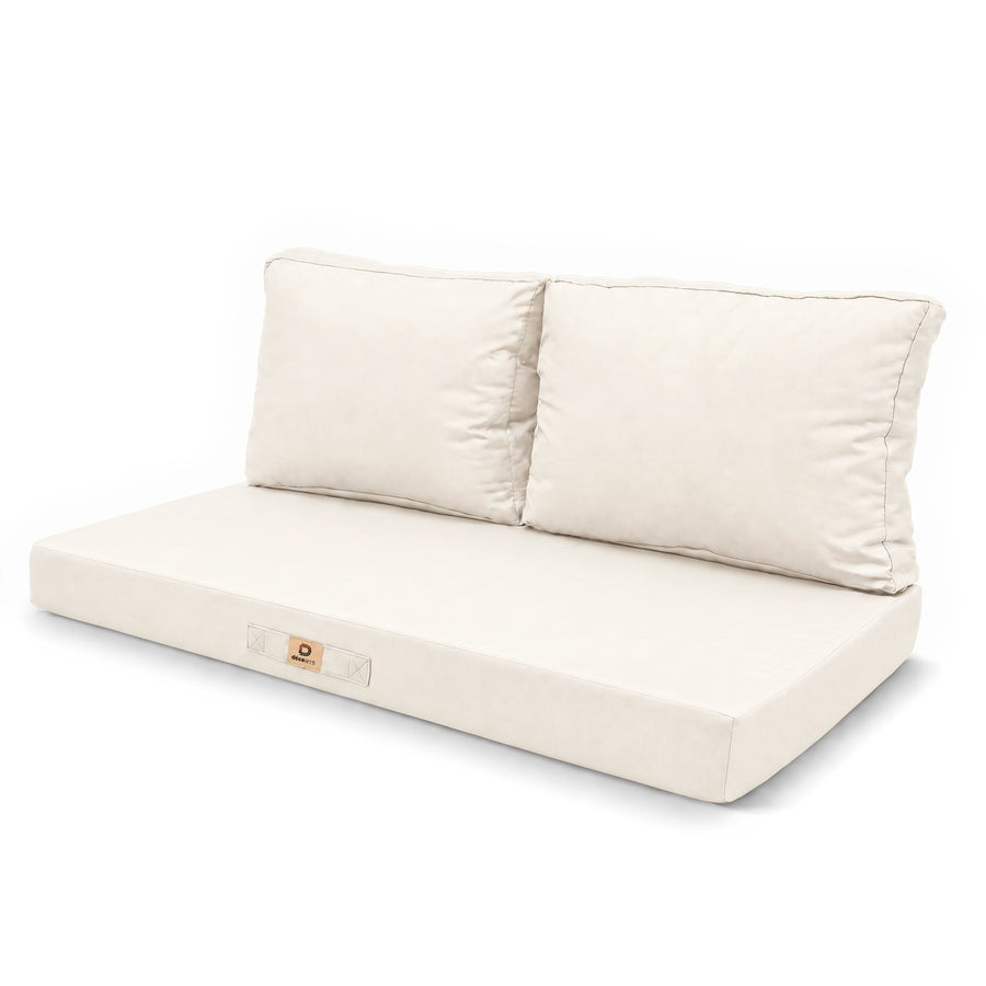 Set cuscini salotto da giardino 120x60 Bianco Sporco, 1 seduta e 2 schienali, vista di tre quarti su fondo bianco