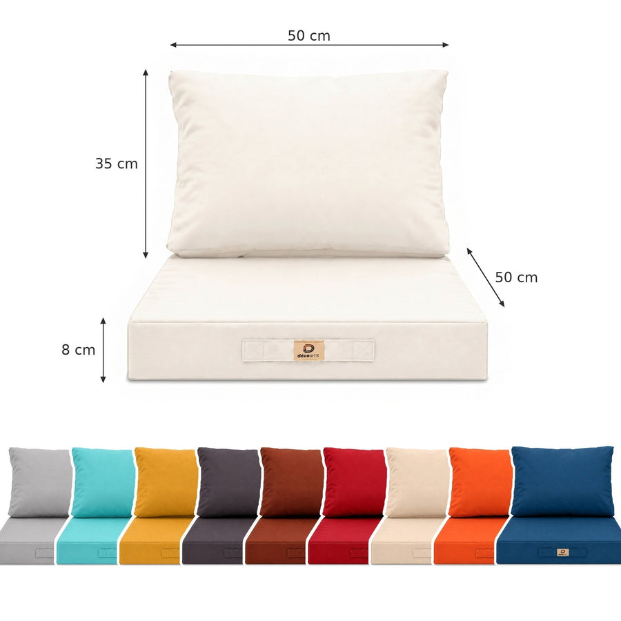 Dimensioni: seduta 50 x 50 cm, spessore 8 cm, schienale 50 x 35 cm