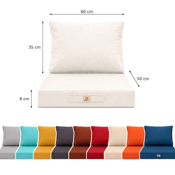 Dimensioni: seduta 60 x 50 cm, spessore 8 cm, schienale 60 x 35 cm
