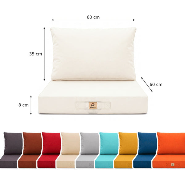 Dimensioni: seduta 60 x 60 cm, spessore 8 cm, schienale 60 x 35 cm