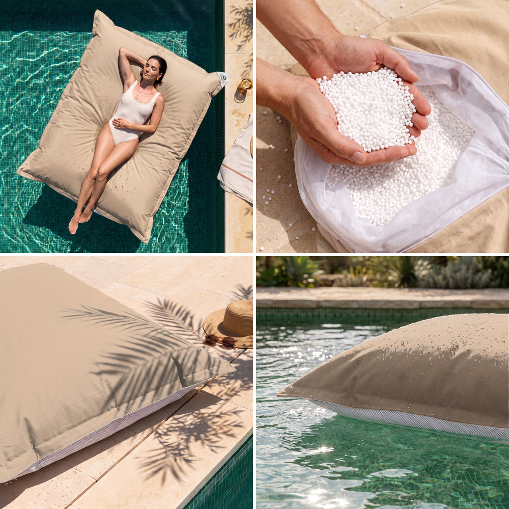 Solo fodera, da riempire – Pouf galleggiante gigante Beige: comfort, perle di polistirolo, tessuto anti-UV e galleggiamento