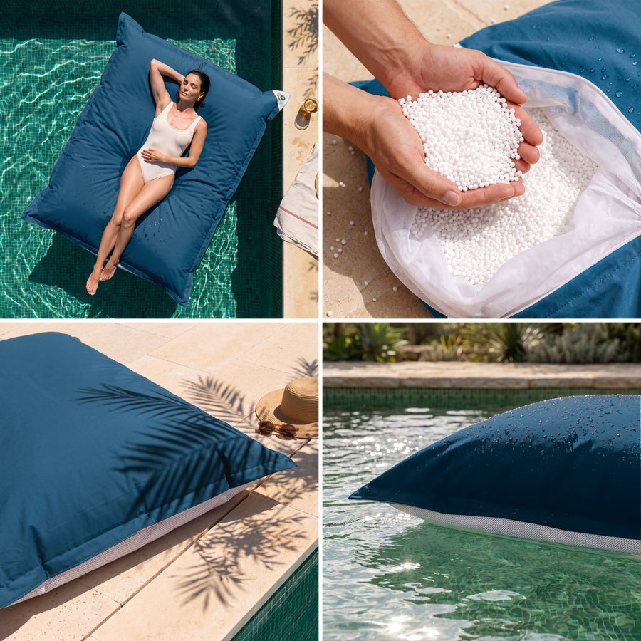 Solo fodera, da riempire – Pouf galleggiante gigante Blu Petrolio: comfort, perle di polistirolo, tessuto anti-UV e galleggiamento