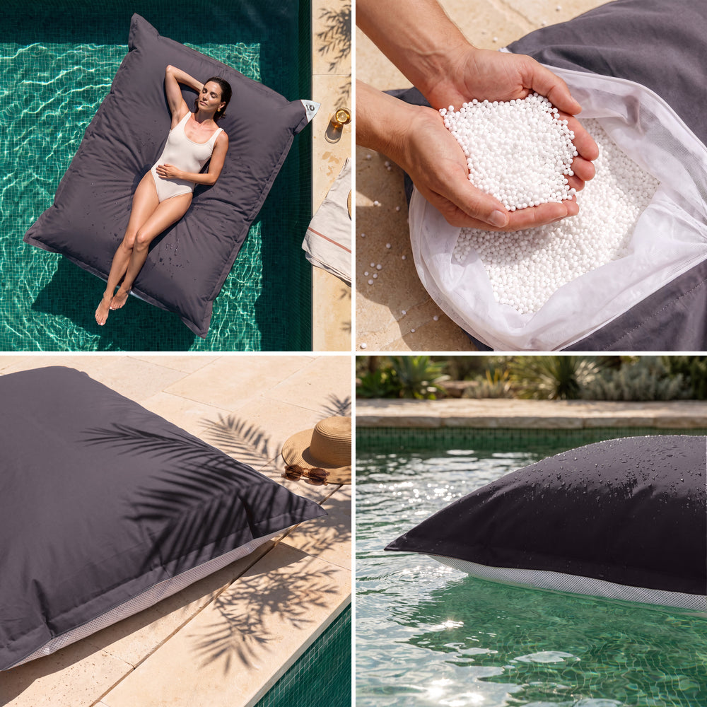 Solo fodera, da riempire – Pouf galleggiante gigante Grigio Carbone: comfort, perle di polistirolo, tessuto anti-UV e galleggiamento