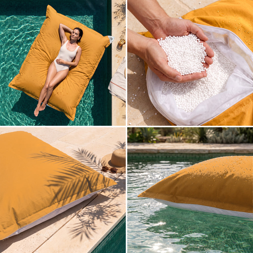 Solo fodera, da riempire – Pouf galleggiante gigante Giallo Miele: comfort, perle di polistirolo, tessuto anti-UV e galleggiamento
