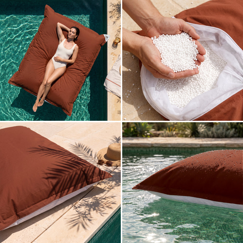 Solo fodera, da riempire – Pouf galleggiante gigante Terracotta: comfort, perle di polistirolo, tessuto anti-UV e galleggiamento