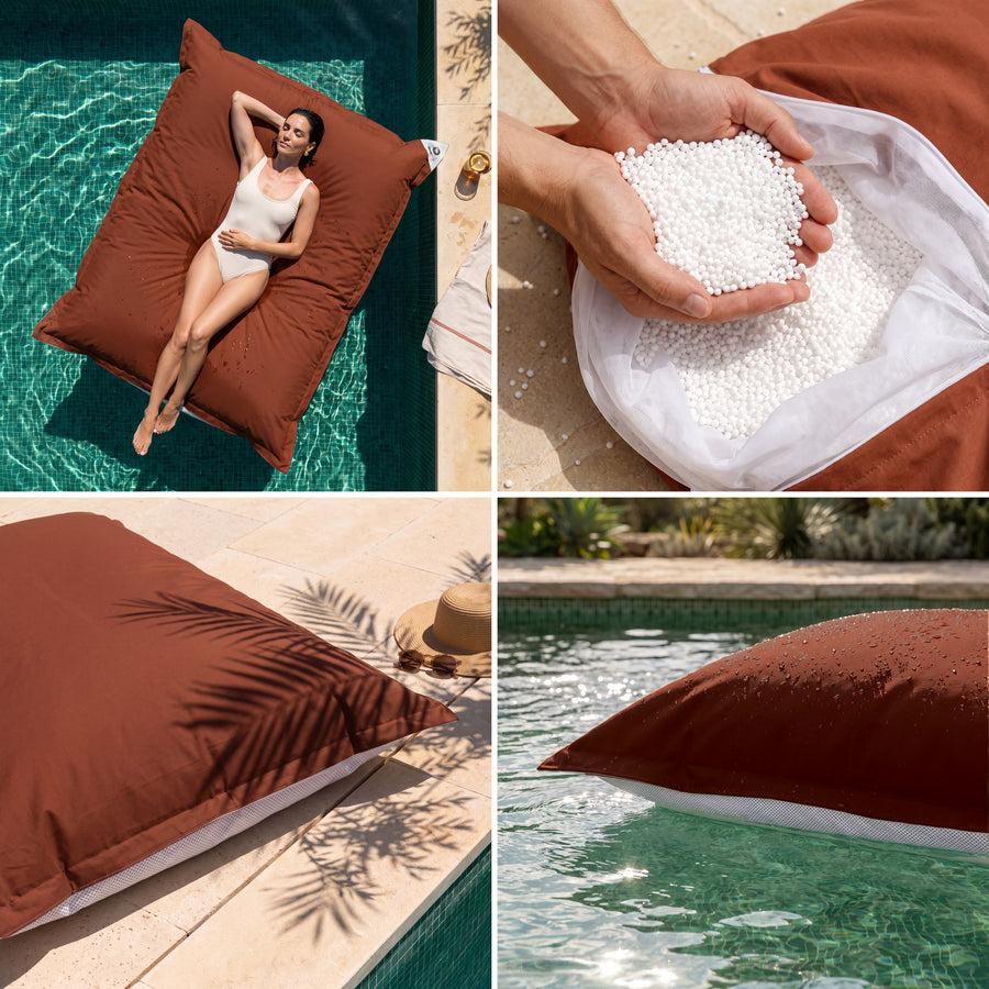 Solo fodera, da riempire – Pouf galleggiante gigante Terracotta: comfort, perle di polistirolo, tessuto anti-UV e galleggiamento