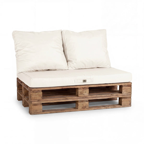Set cuscini pallet 120x80 Bianco Sporco, 1 seduta e 2 schienali su un divano di pallet in legno