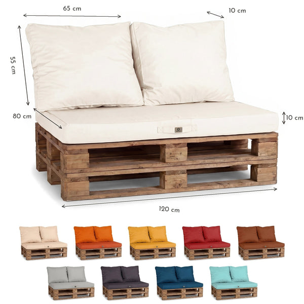 Dimensioni del set cuscini pallet: seduta 120 x 80 cm, 2 schienali 65 x 55 cm, spessore 10 cm, con i colori disponibili