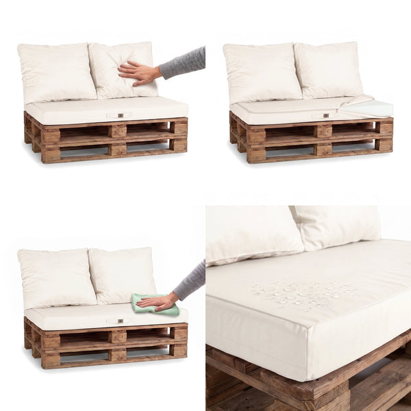 Set cuscini pallet Bianco Sporco: seduta morbida, facile da pulire, tessuto idrorepellente