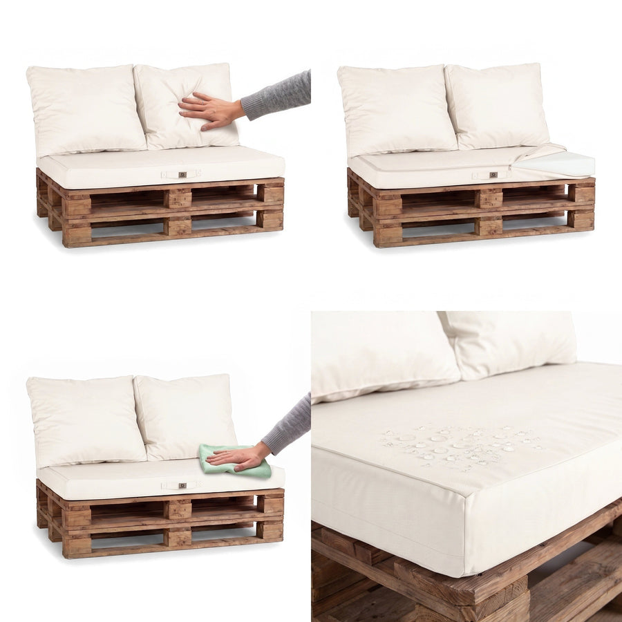 Set cuscini pallet Bianco Sporco: seduta morbida, facile da pulire, tessuto idrorepellente