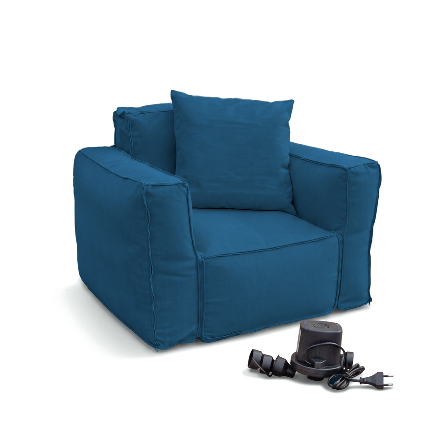 Poltrona modulare Blu Petrolio fornita con cuscino decorativo e pompa elettrica