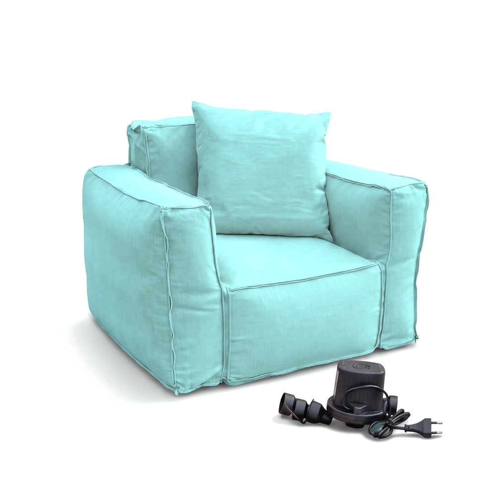 Poltrona modulare Blu Caraibi fornita con cuscino decorativo e pompa elettrica